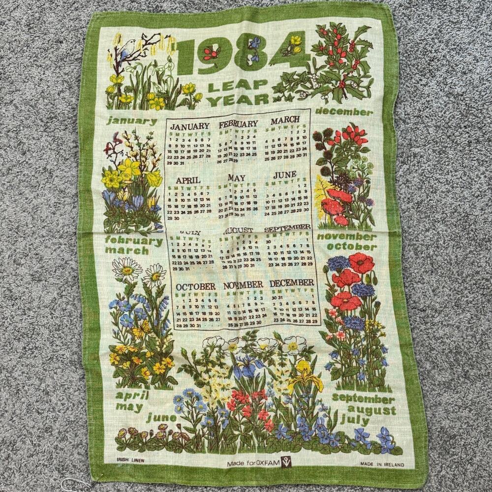 Vintage 1984 Calendar Towel Irish Linen Leap Year Floral 18x28